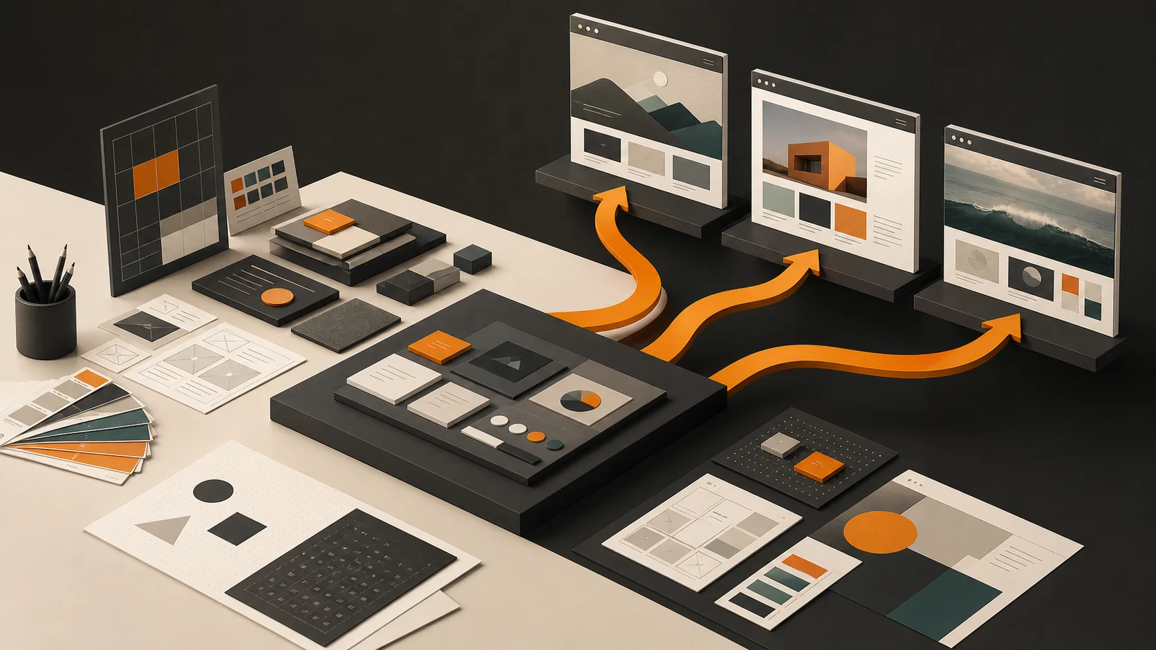 Ilustración conceptual de un sistema creativo que genera sitios diferentes para varios clientes
