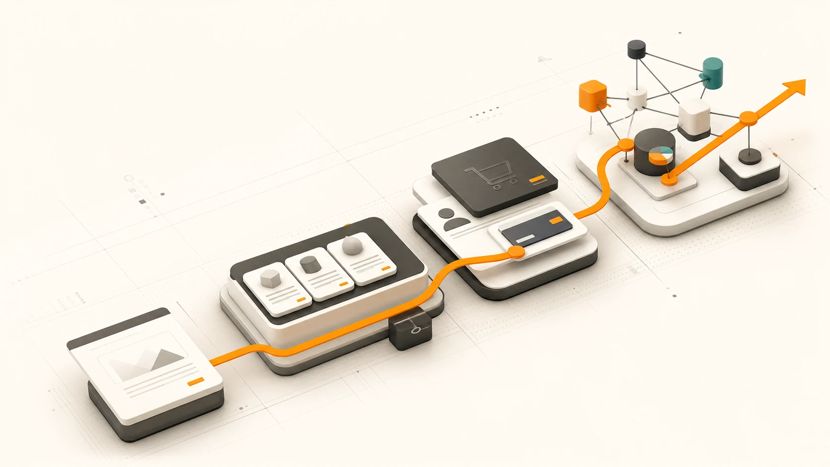 Ilustración conceptual de datos y módulos conectados por un recorrido ascendente